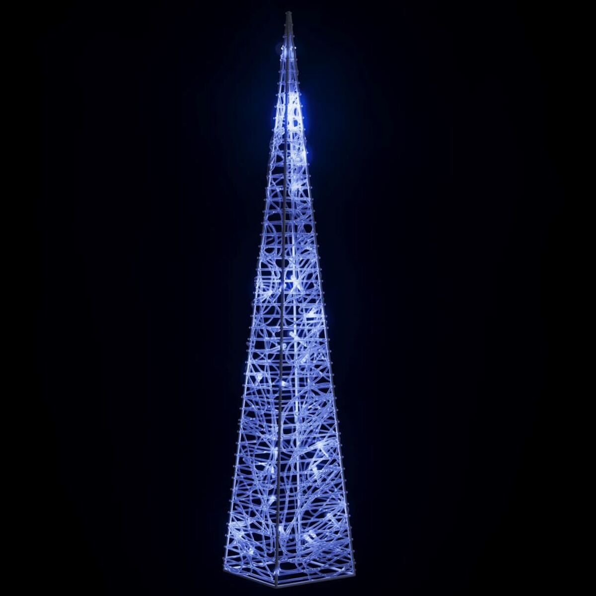 Hohe, konische Lichtstruktur. Weißer Rahmen, gefüllt mit blauen Lichtern. Dunkler Hintergrund.
