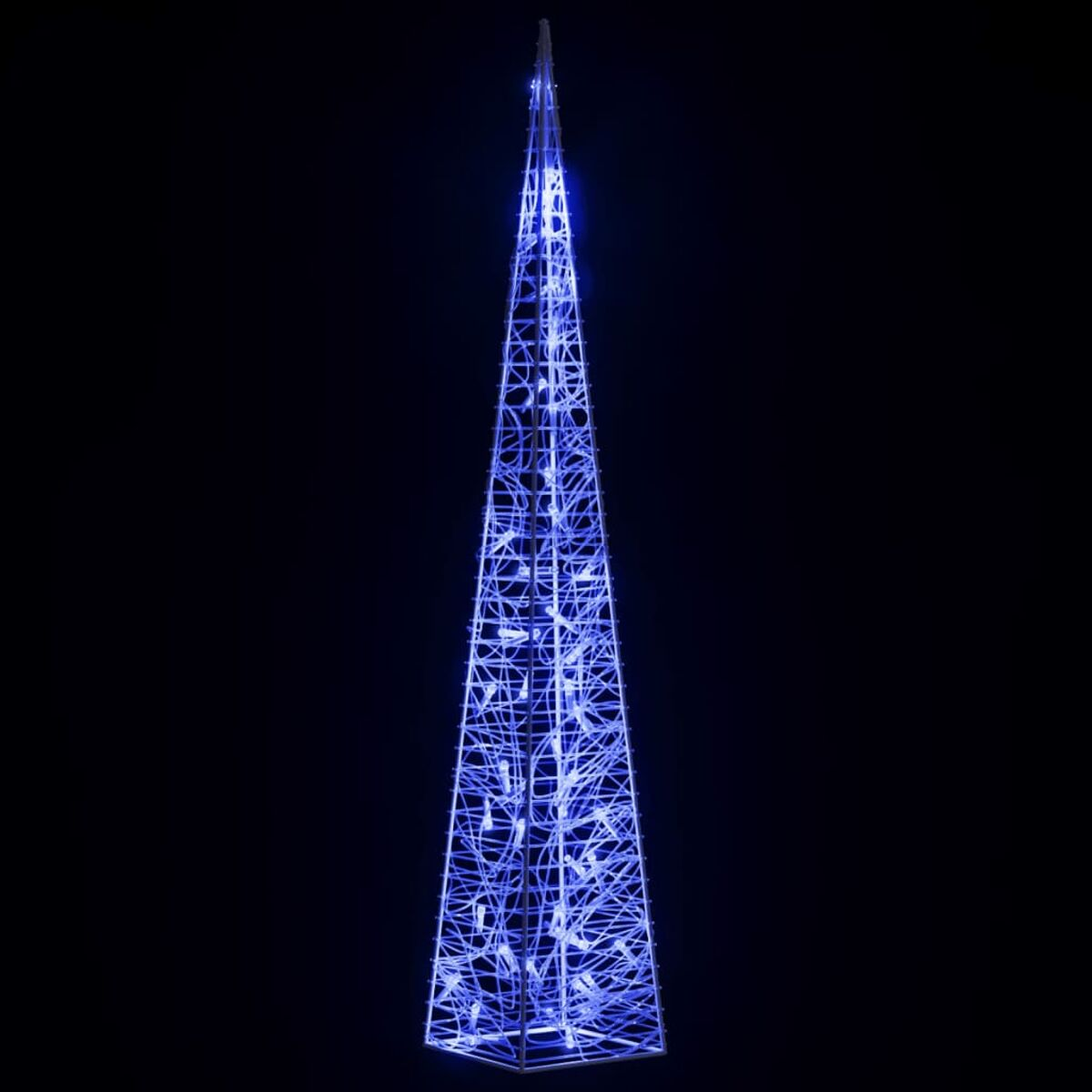 Blau beleuchtete, konische Drahtrahmenstruktur, evtl. Weihnachtsbaum, auf Schwarz.