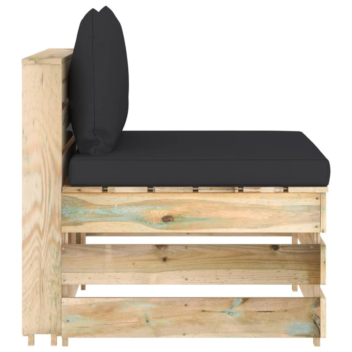 Seitenansicht eines Holzstuhls mit einem schwarzen Kissen.