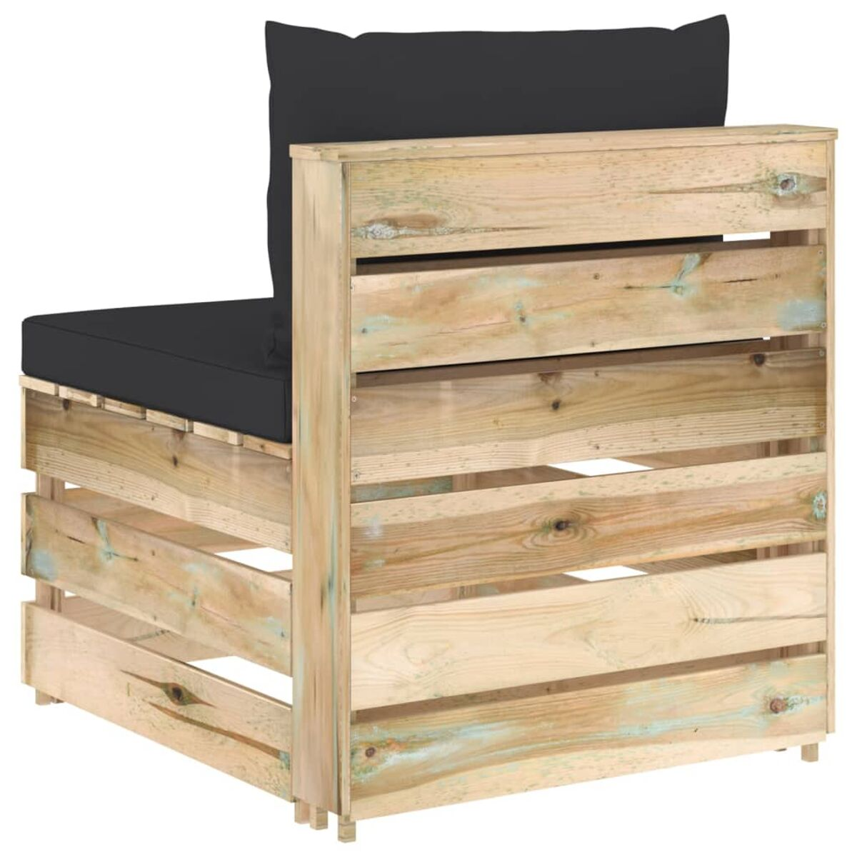 Eckstuhl aus Holz mit schwarzem Kissen.