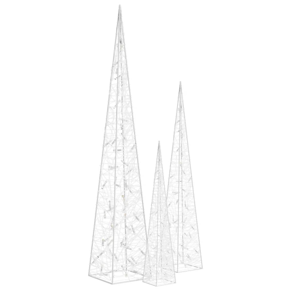 Drei weiße, kegelförmige Weihnachtsbäume mit eingebetteten Lichtern, unterschiedlicher Größe, vor weißem Hintergrund.