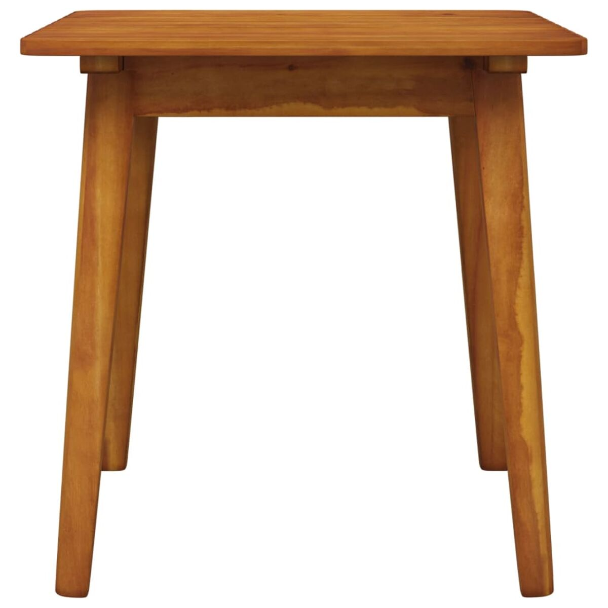 Quadratischer Holztisch mit vier Beinen. Der Tisch hat eine hellbraune Farbe.