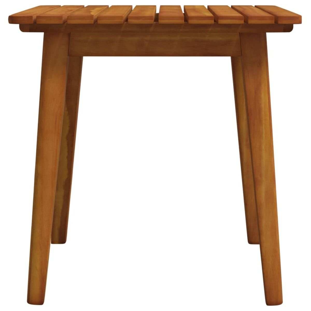 Kleiner, quadratischer Holztisch mit Lattenrost und konischen Beinen, freigestellt.