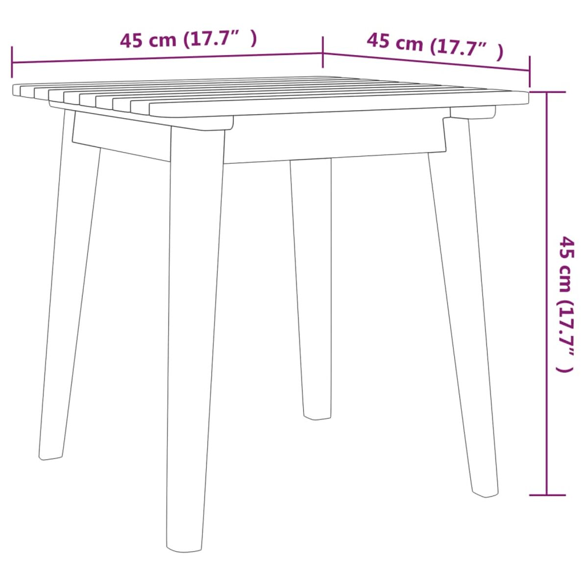 Tisch mit 4 Beinen. Maßangaben. Abmessungen sind 45 cm (17,7").