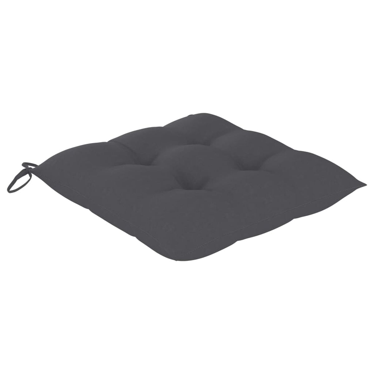 Ein dunkelgraues quadratisches Sitzkissen mit getuftetem Design. Es hat Bänder an der Seite.