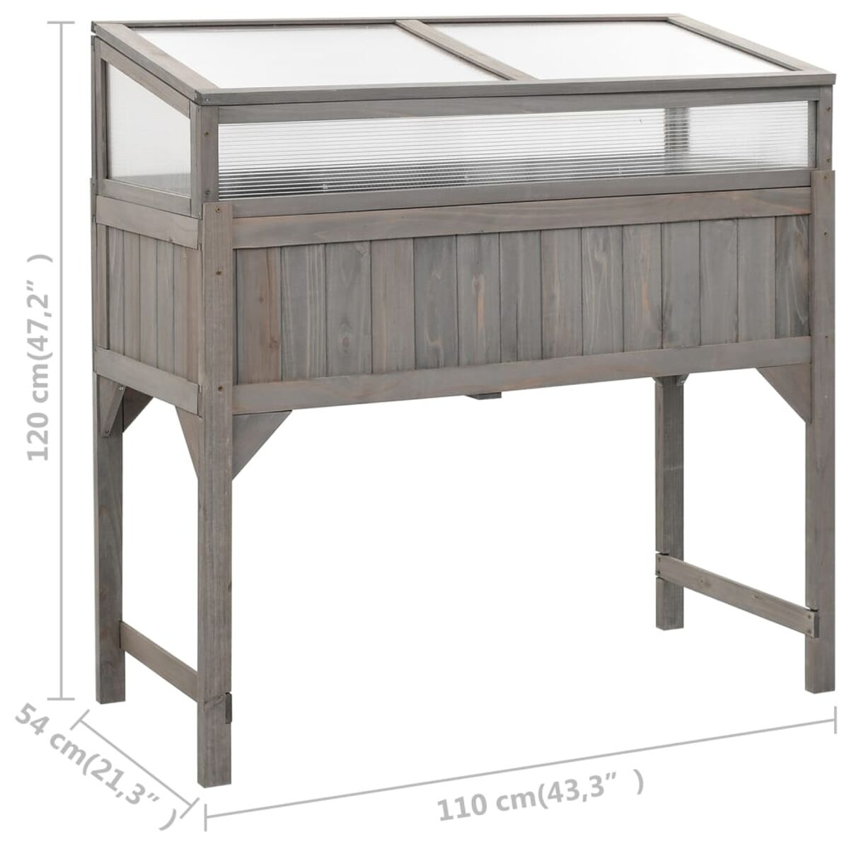 Erhöhtes Gartenbeet aus Holz mit transparentem Dach, grautönig, mit Maßangaben.