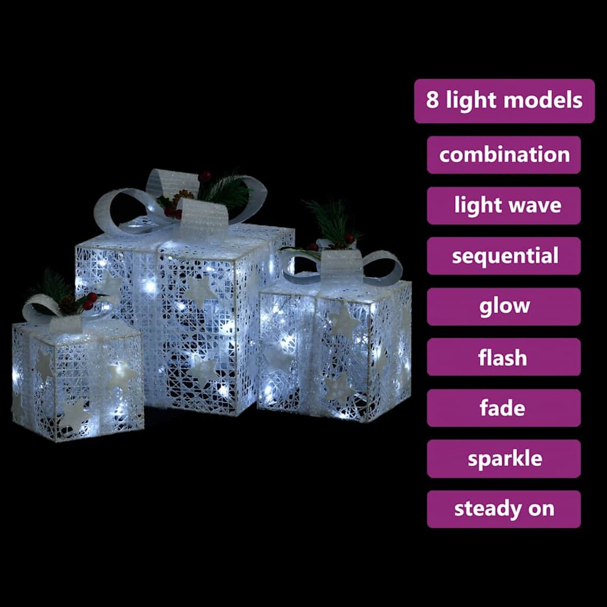 Drei beleuchtete Geschenkboxen mit weißen Lichtern und Schleifen, mit einer Liste der Lichtmodi.