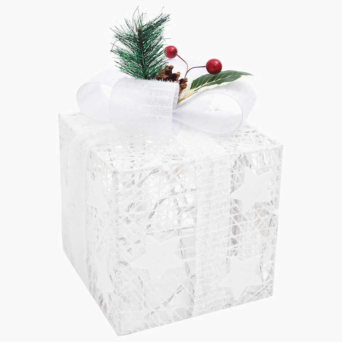 Eine weiße Geschenkbox mit weißer Schleife und Dekorationen oben.