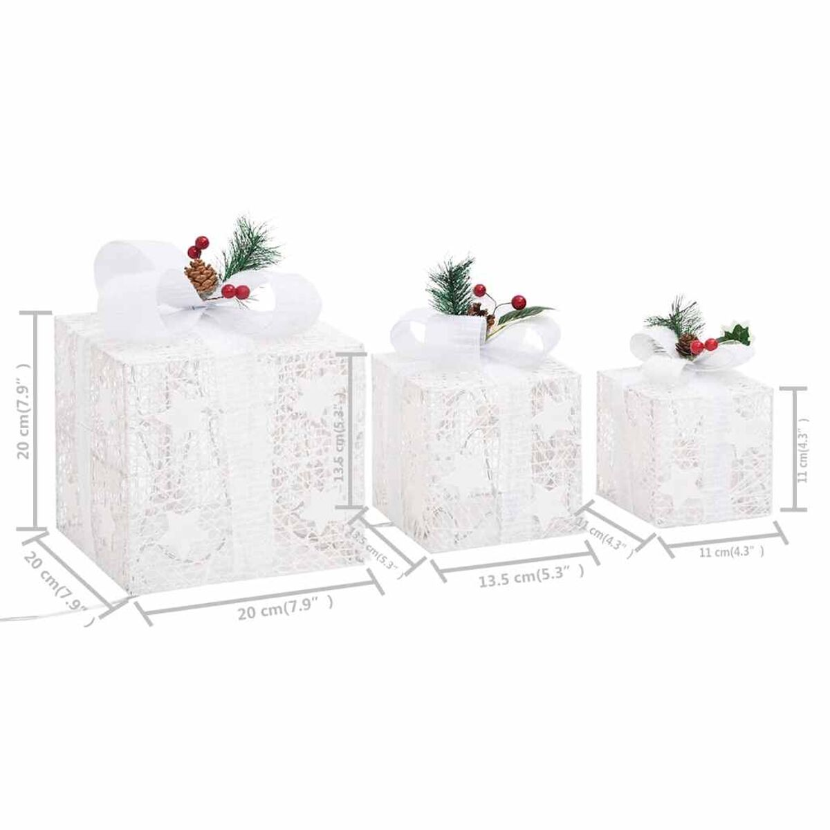 Drei weiße Geschenkboxen mit Schleifen und Dekorationen. Maße in cm und Zoll.