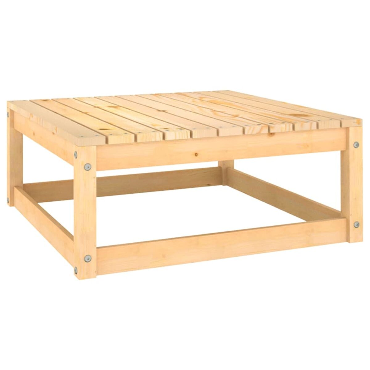 Ein quadratischer Couchtisch aus Holz mit Lattenrost.