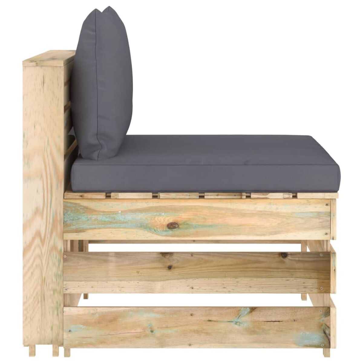 Holzpalettensofa mit grauem Kissen. Die Struktur besteht aus Holz.