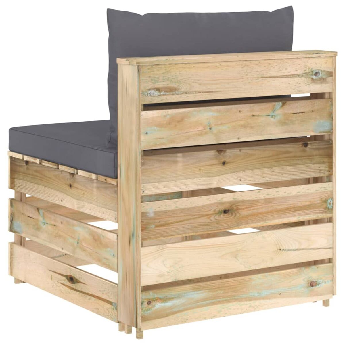 Holz-Außenstuhl mit grauem Kissen. Der Stuhl besteht aus Holzlatten.