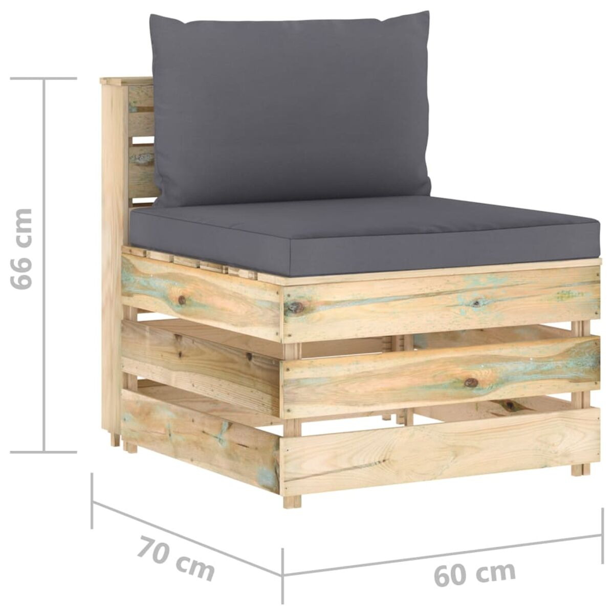 Holzpalettenstuhl mit grauem Kissen. Abmessungen: 70 cm breit, 60 cm tief und 66 cm hoch.