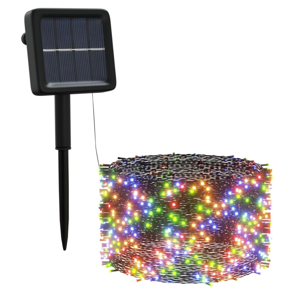 Solarpanel mit einer Rolle mehrfarbiger Lichter. Der Hintergrund ist weiß.