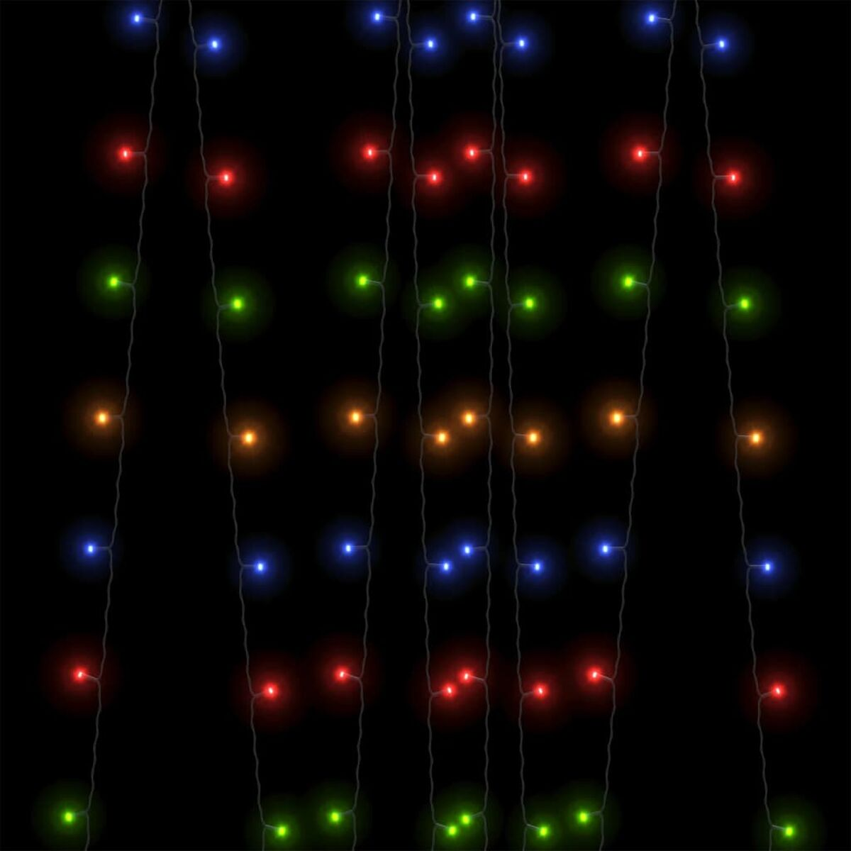 Lichterkette mit roten, grünen, orangefarbenen und blauen Lichtern auf schwarzem Hintergrund.