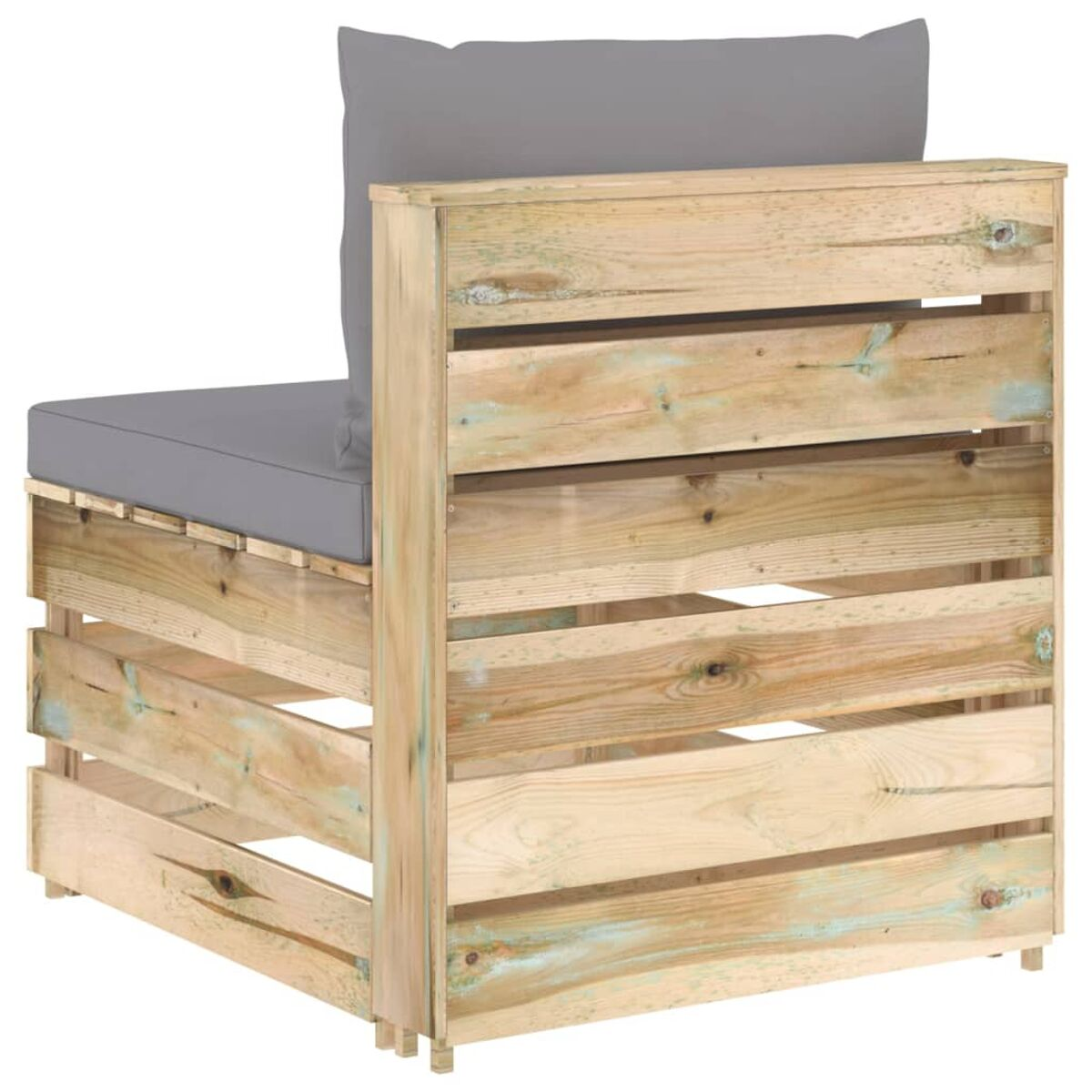 Ecksofa aus Holz für den Außenbereich mit grauen Kissen. Der Rahmen besteht aus hellem Holz.