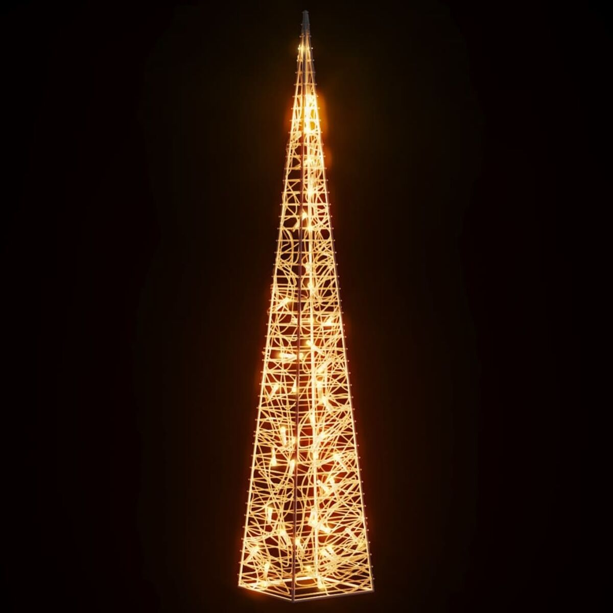 Hoher, beleuchteter Drahtrahmen-Weihnachtsbaum vor schwarzem Hintergrund. Er ist gelb.