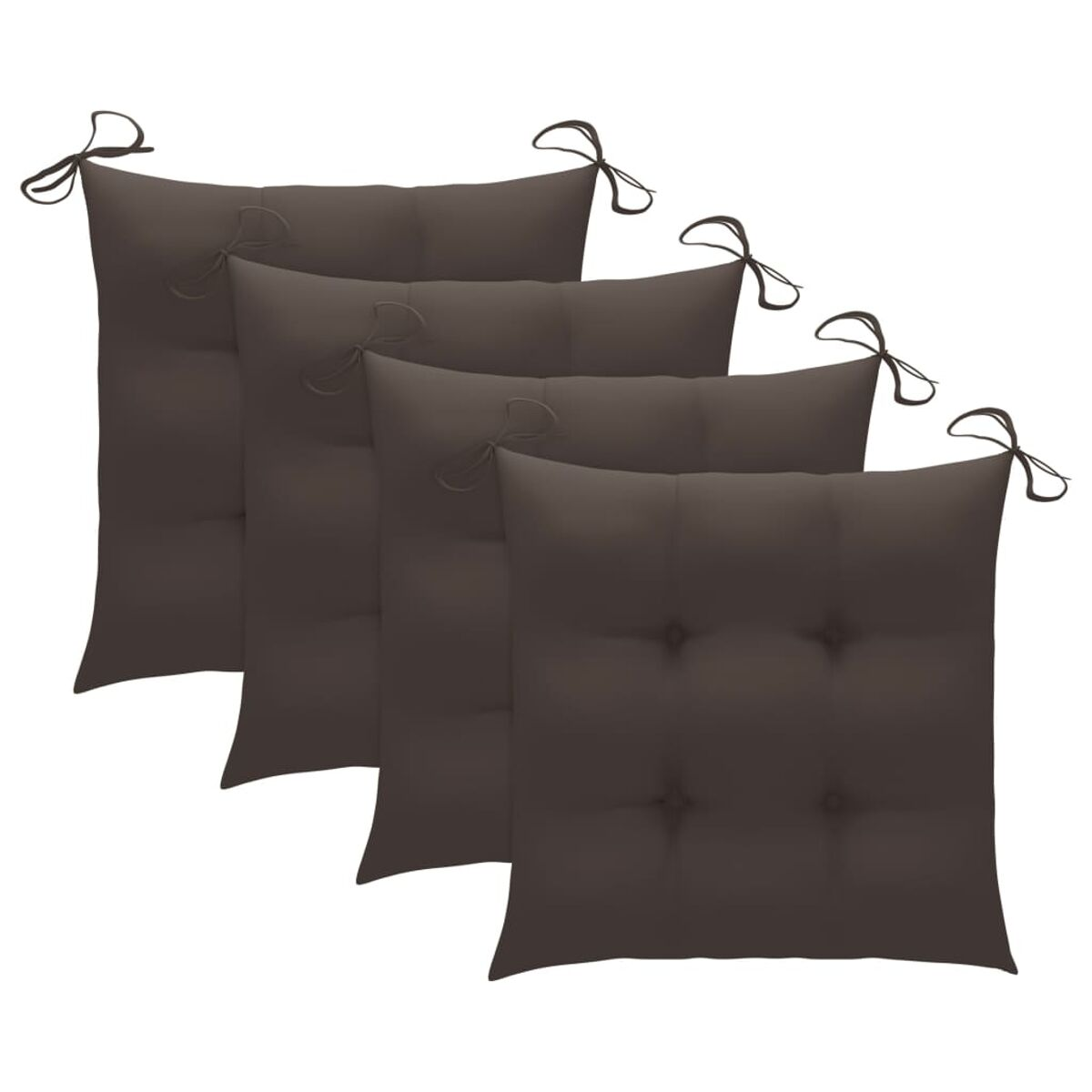 Vier braune Outdoor-Kissen, die zusammengebunden sind. Sie sind quadratisch mit Knopfdetails.