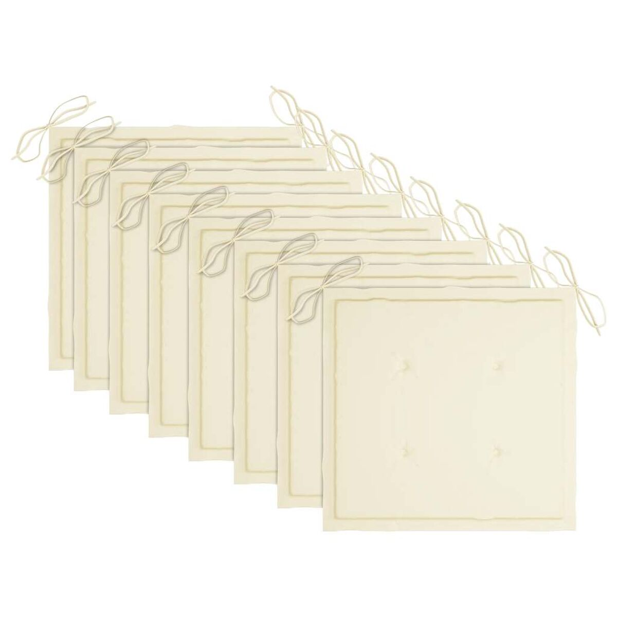 Neun cremefarbene quadratische Stuhlkissen mit Schnurbindungen. Sie sind diagonal gestapelt.