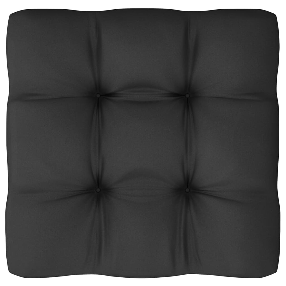 Quadratisches schwarzes Kissen mit Knopfdetails. Es ist schlicht.