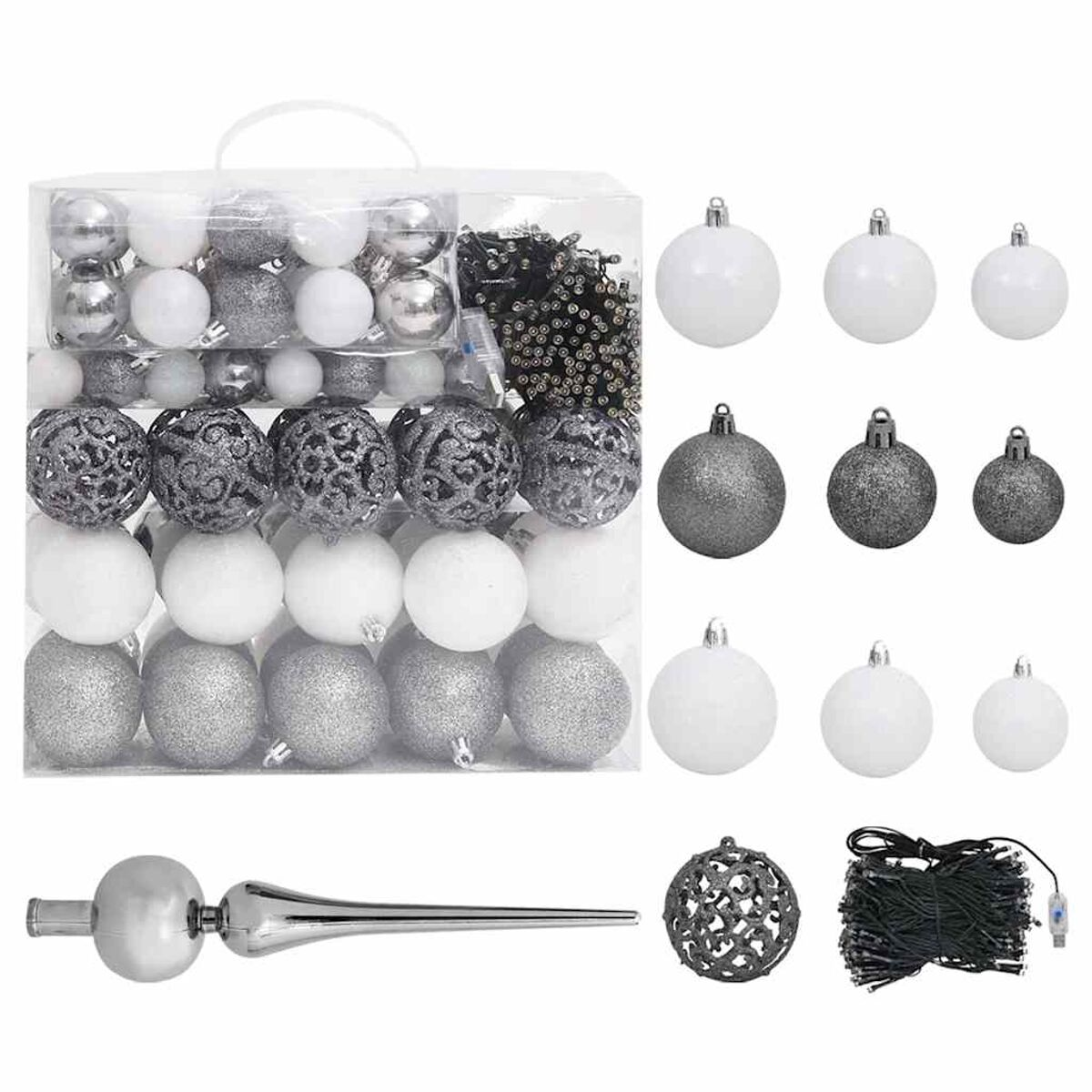 Weihnachtsschmuck in der Box und ausgestellt. Silberne, weiße und klare Ornamente.