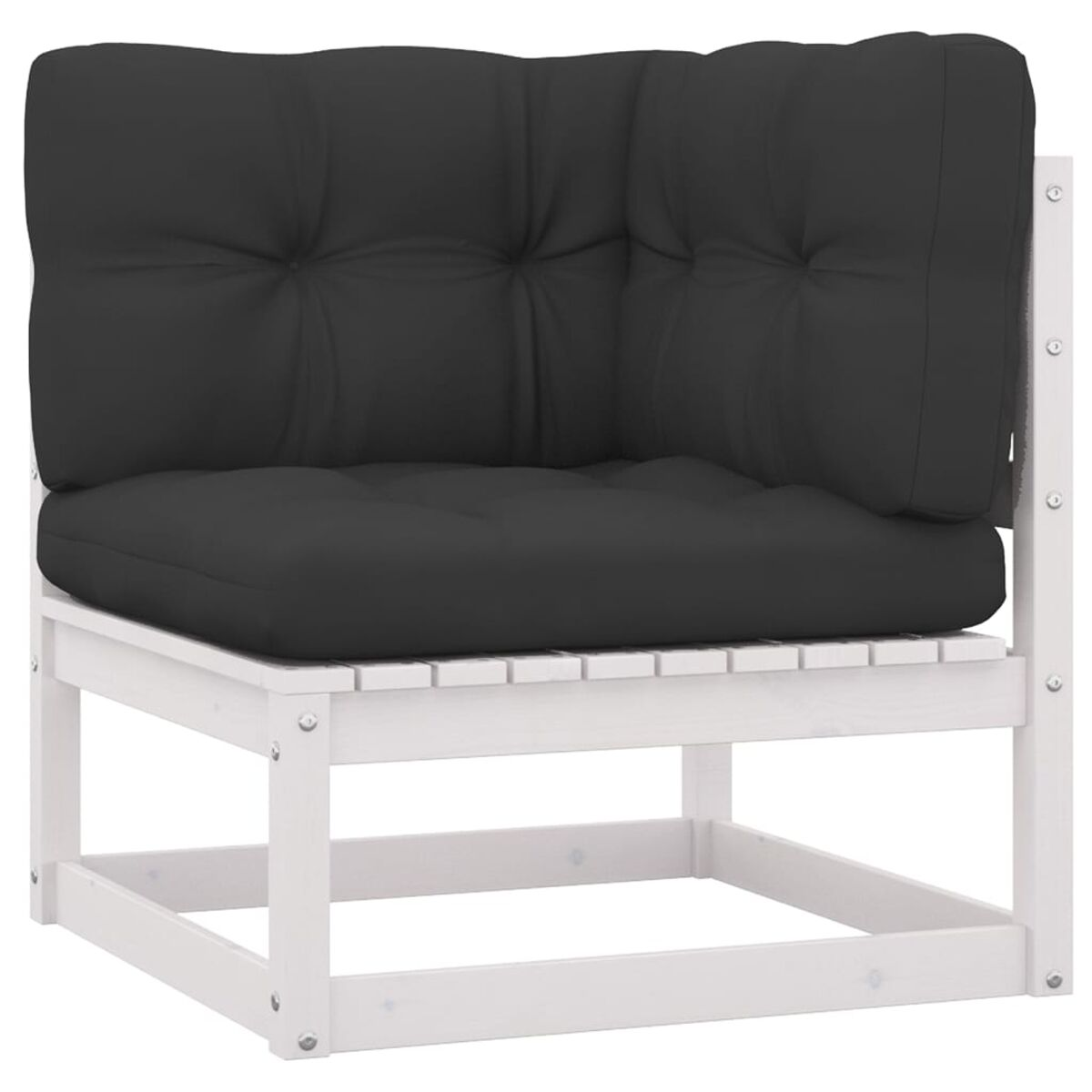 Weißes Ecksofa mit dunkelgrauem Kissen und Rückenlehne. Draufsicht.