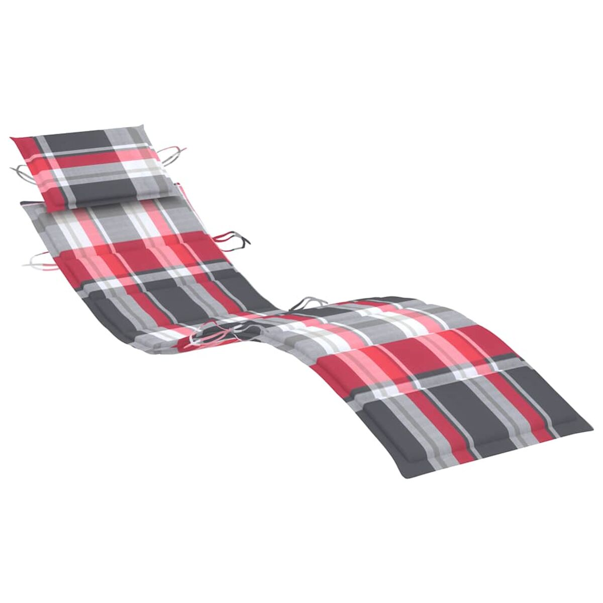 Eine karierte rot, grau und weiße Chaiselongue mit passender Kopfstütze.