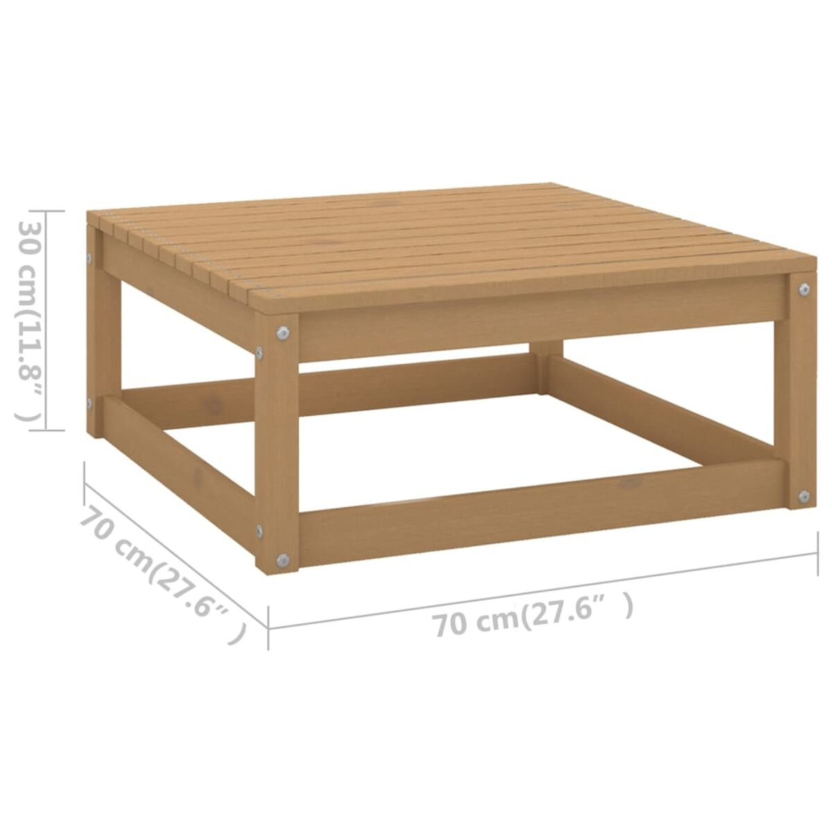 Ein quadratischer Couchtisch aus Holz mit Maßangaben. Er hat eine Lattenrostplatte.