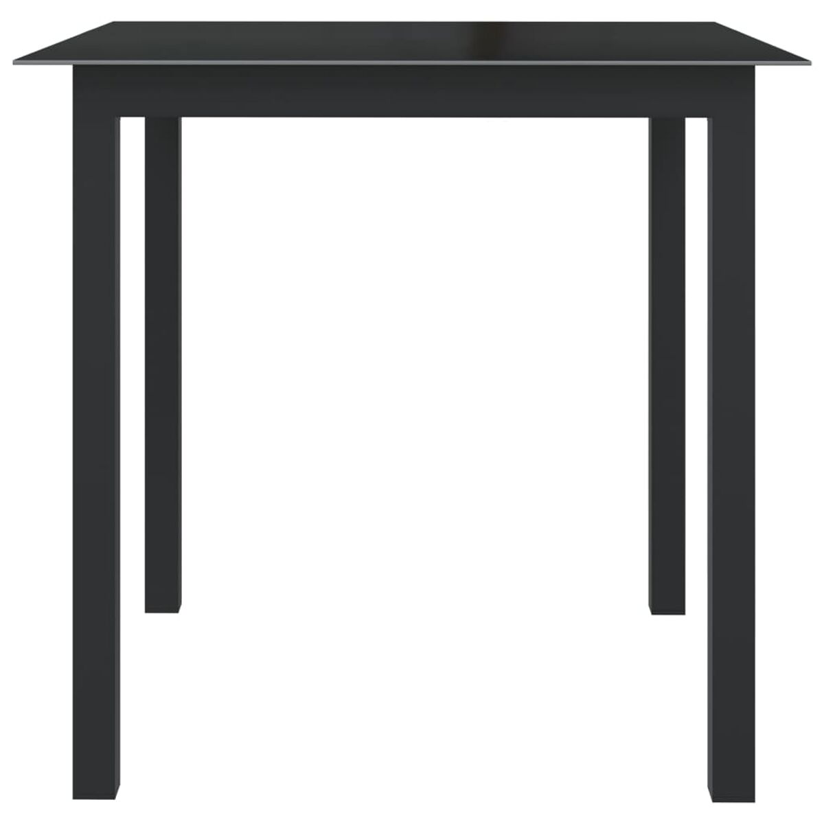 Schwarzer quadratischer Tisch mit Glasplatte und schwarzen Beinen. Weißer Hintergrund.