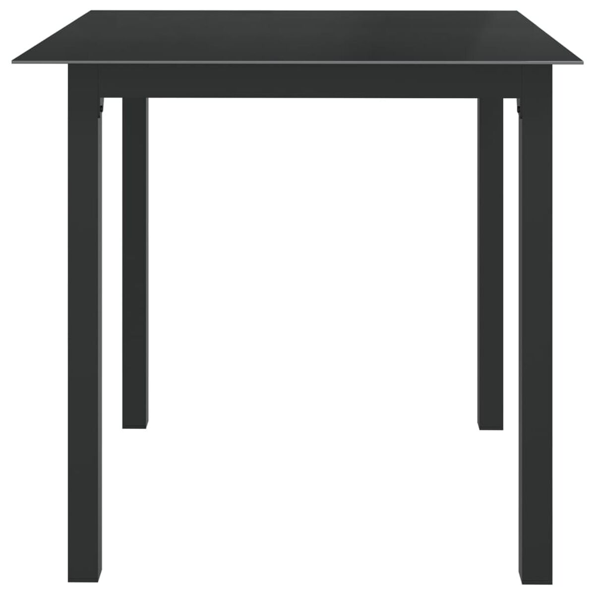 Ein schwarzer quadratischer Tisch mit vier schwarzen Beinen. Weißer Hintergrund.