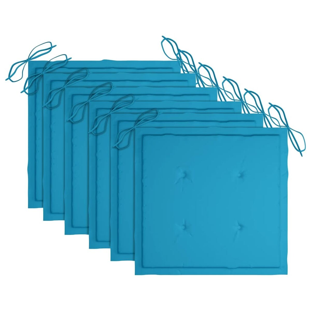 Sechs blaue quadratische Kissen mit Bändern.