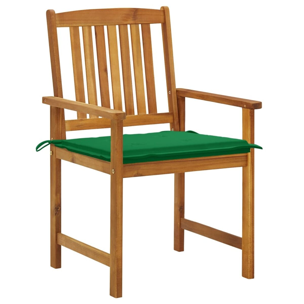 Holzstuhl mit grünem Kissen. Der Stuhl hat Armlehnen.