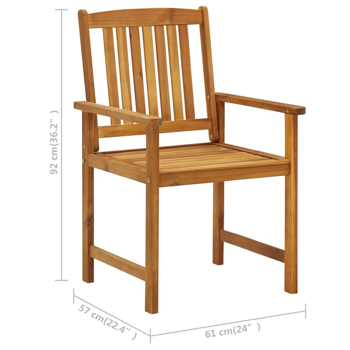 Ein Holzstuhl mit Armlehnen, vertikalen Rückenleisten und beschrifteten Abmessungen. Der Stuhl ist hellbraun.