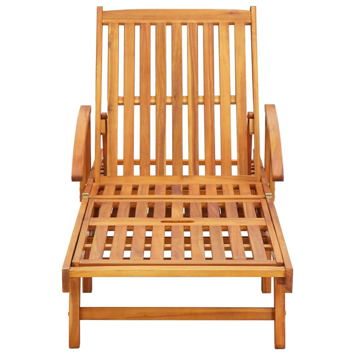 Verstellbare Liegestuhl aus Holz. Aus hellbraunem Holz mit Lamellenmuster gefertigt.