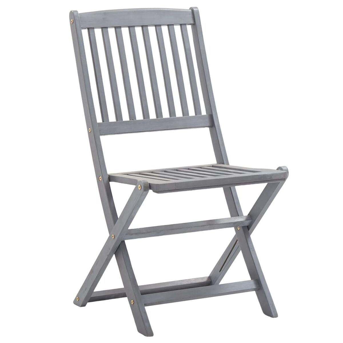 Ein grauer Holzklappstuhl mit Lattenrücken und Sitzfläche. Der Stuhl befindet sich in geöffneter Position.