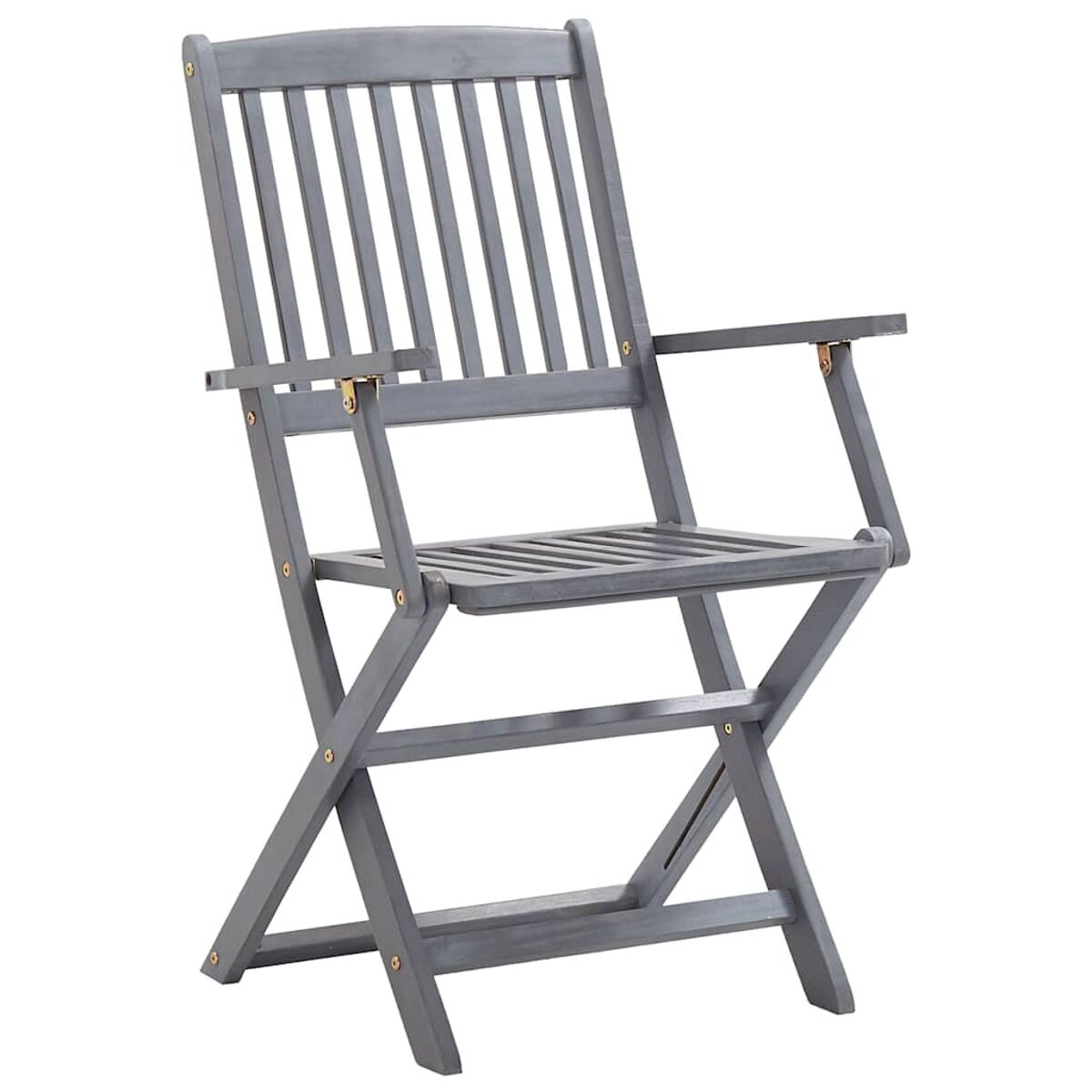 Grauer Holzklappstuhl. Der Stuhl ist zusammengeklappt und von vorne gesehen.