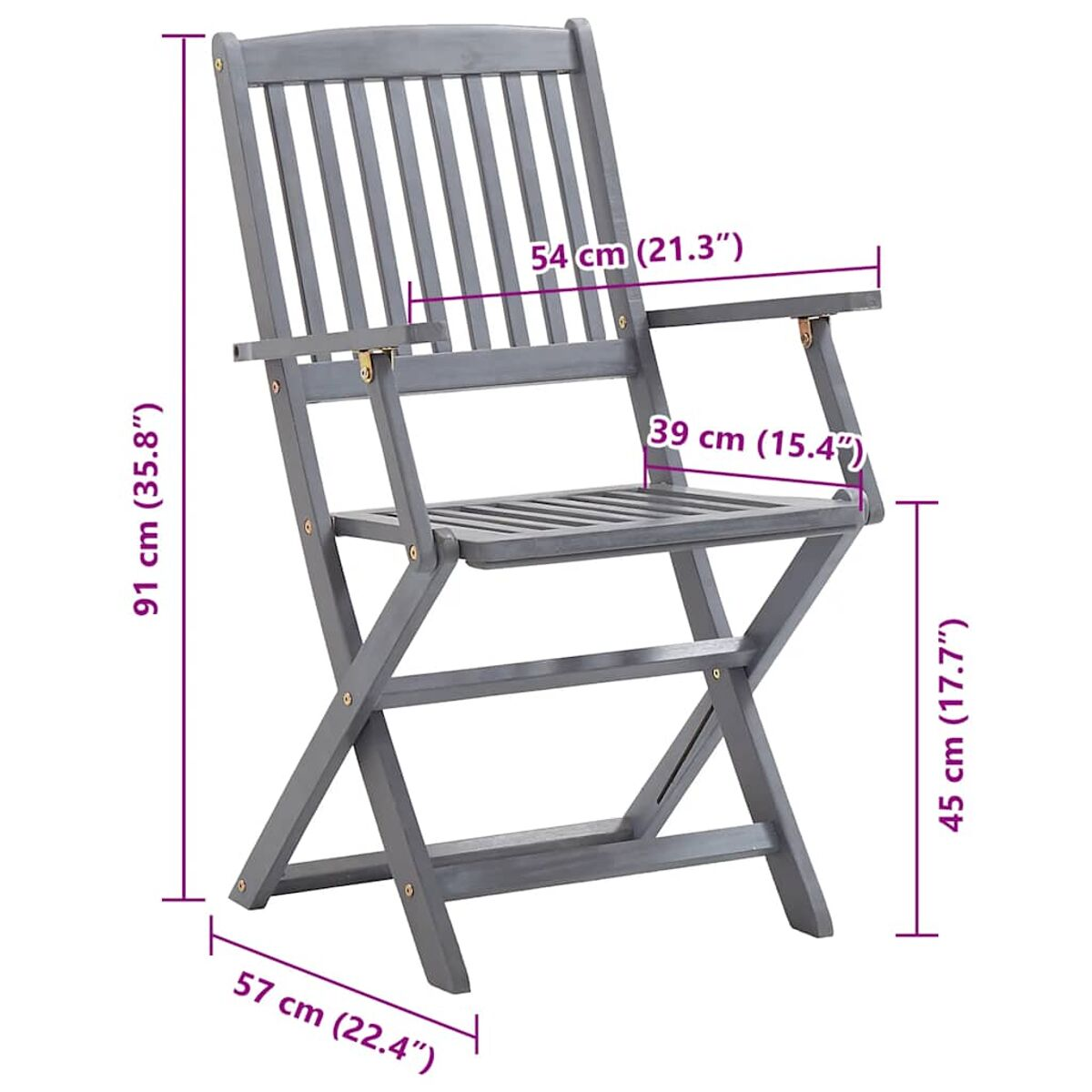 Ein grauer Holzklappstuhl mit Lattenrücken und -sitz. Maße sind angegeben.