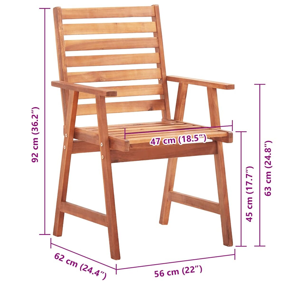 Holzstuhl mit Armlehnen. Maße: 92 cm hoch, 62 cm breit, 56 cm tief und 47 cm Sitz.