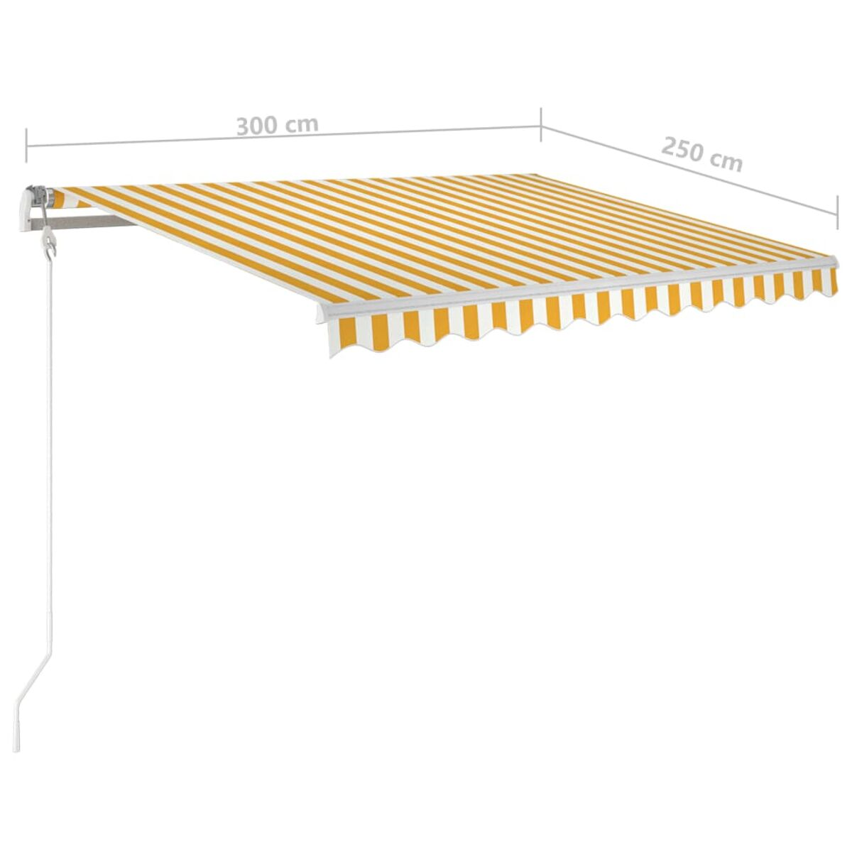 Eine gelb-weiß gestreifte Markise wird mit den Maßen 300x250 cm dargestellt.