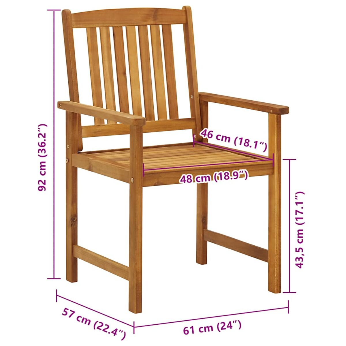 Holz-Außenstuhl mit Armlehnen, Maße angegeben. Sitz hat rotes Kissen.