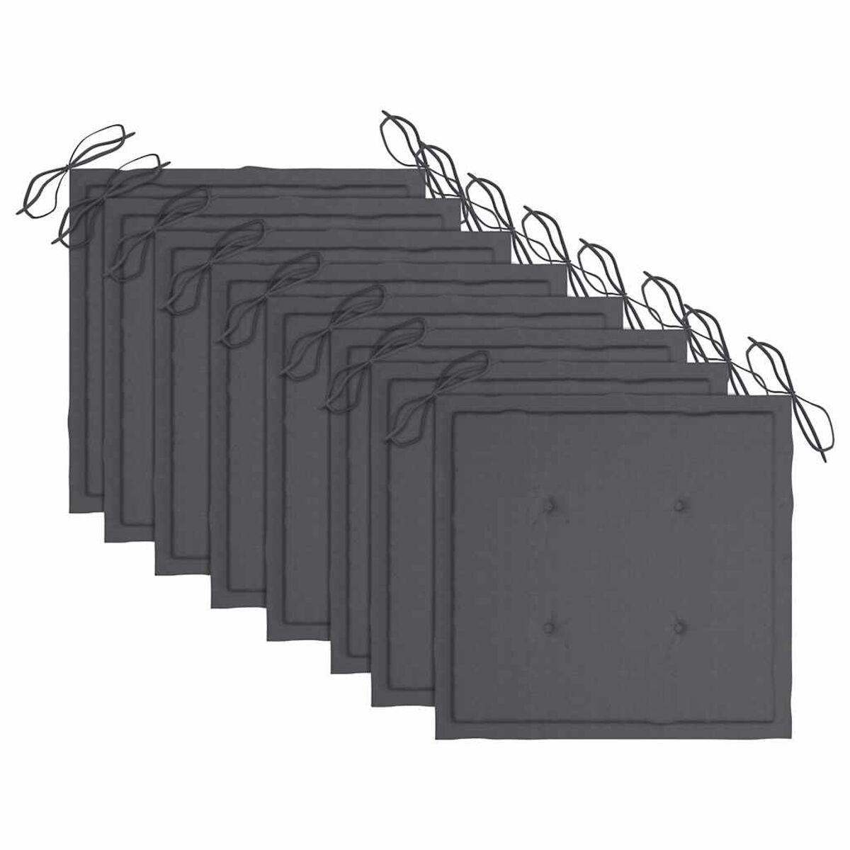 Set aus sechs quadratischen grauen Kissen, jeweils mit angebrachten Bändern. Knöpfe sichtbar.