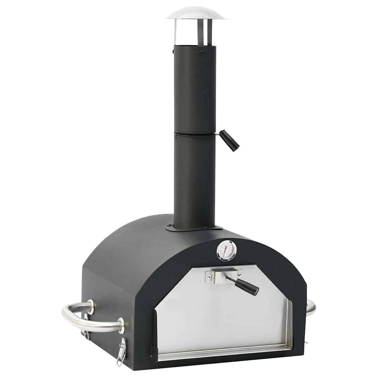 Schwarzer Pizzaofen für draußen. Inklusive Schornstein und Thermometer.
