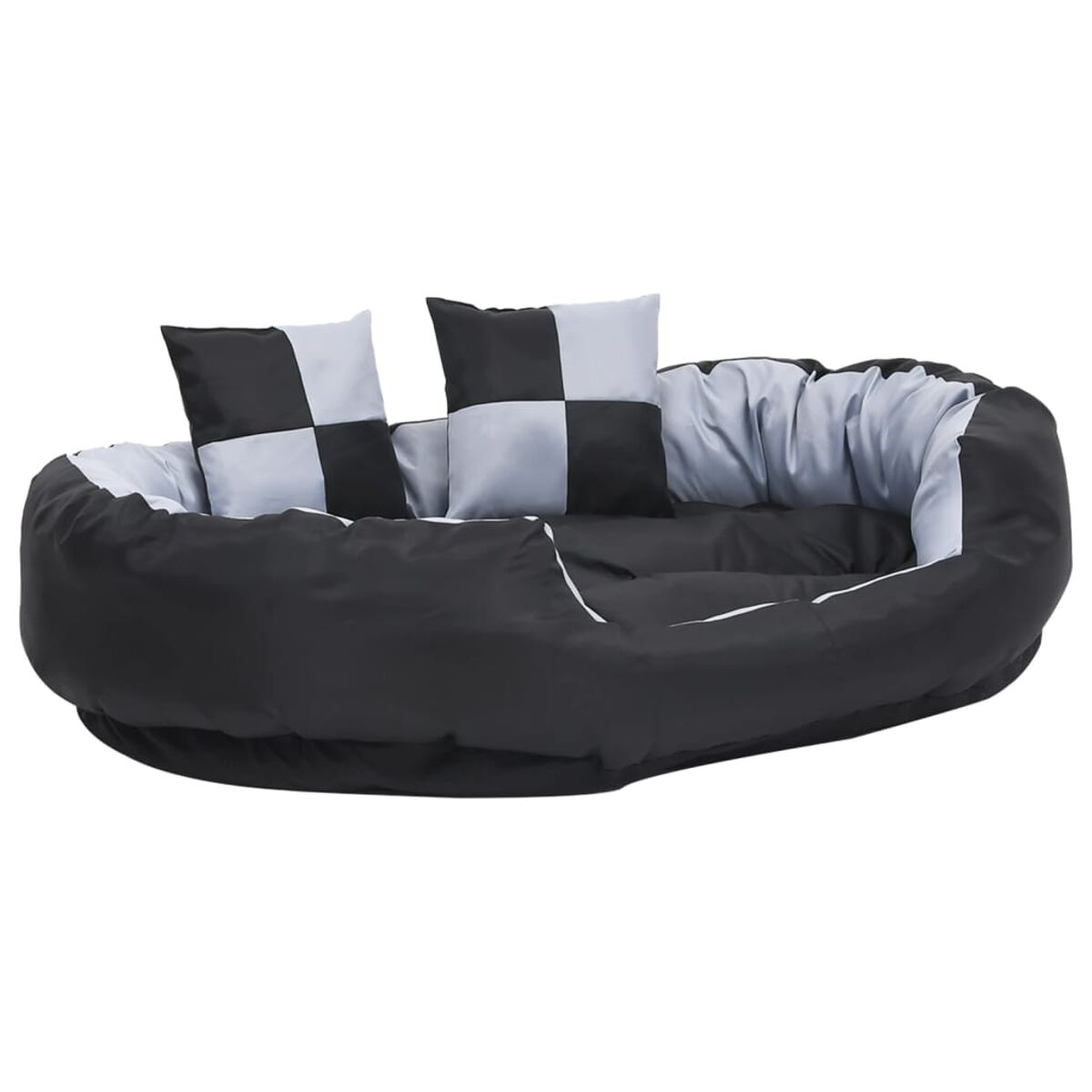 Schwarzes Hundebett mit Kissen. Kissen sind schwarz-grau kariert. Weißer Hintergrund.
