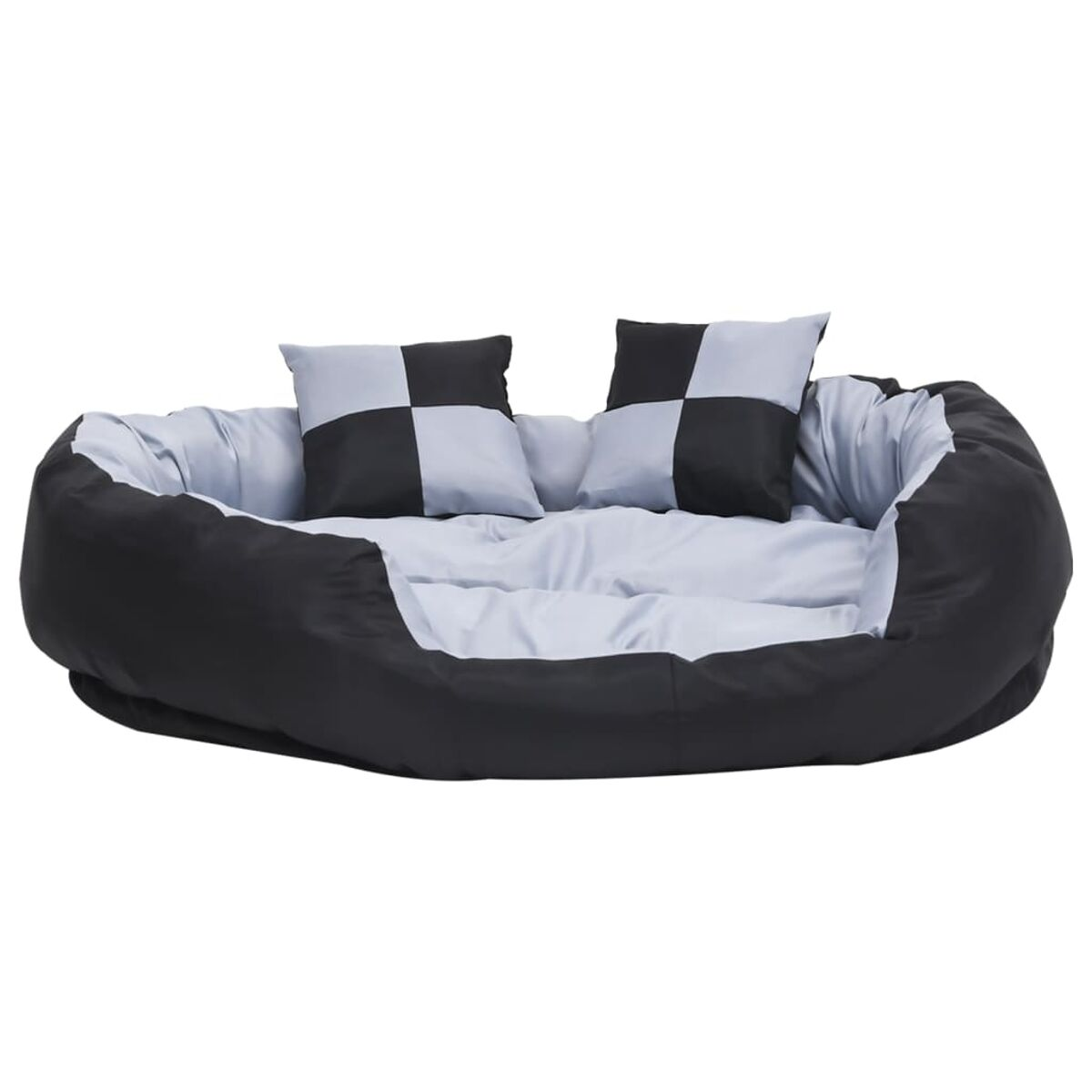 Ovale Haustierbett mit schwarz-grauen Kissen. Das Bett hat ein hellgraues Innere.