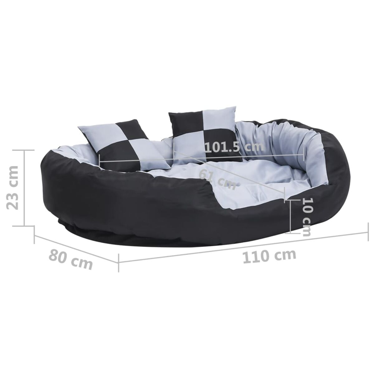 Ovales Hundebett mit Kissen. Maße: 110cm lang, 80cm breit, 23cm hoch.