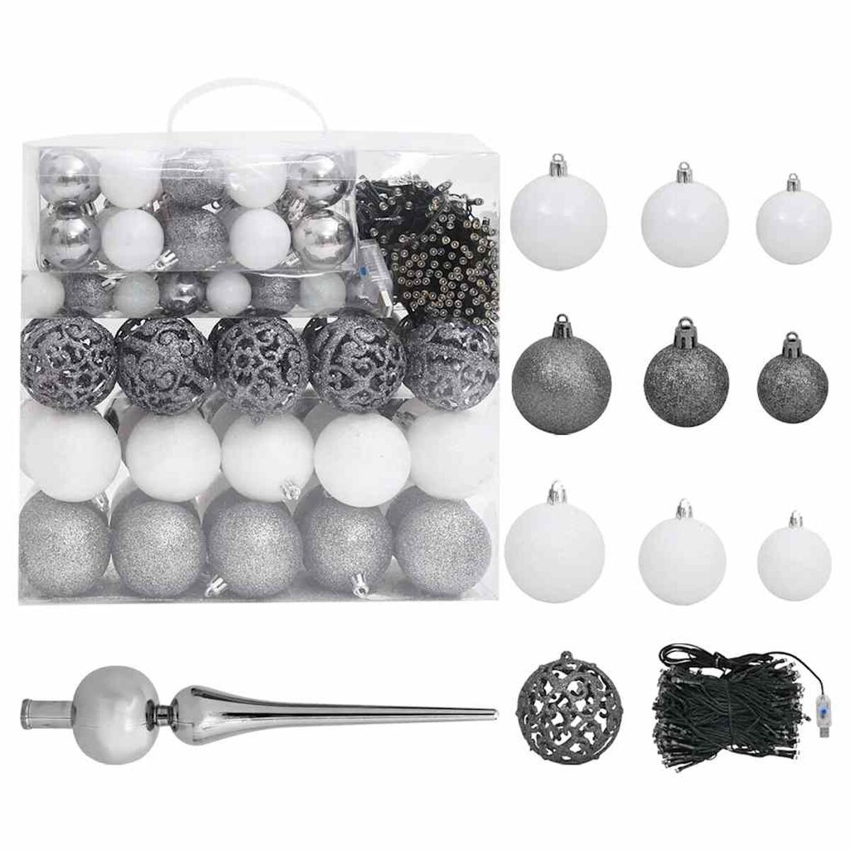 Weihnachtsschmuck in einer Box, mit Baumspitze, Lichtern und losen Ornamenten. Weißer Hintergrund.