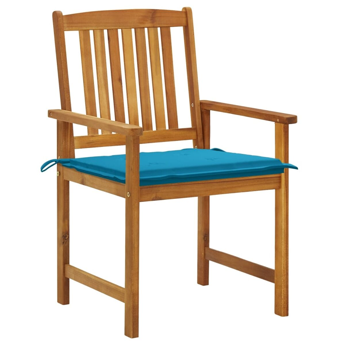 Holzstuhl mit blauem Kissen. Der Stuhl hat Armlehnen und eine Lamellenlehne.