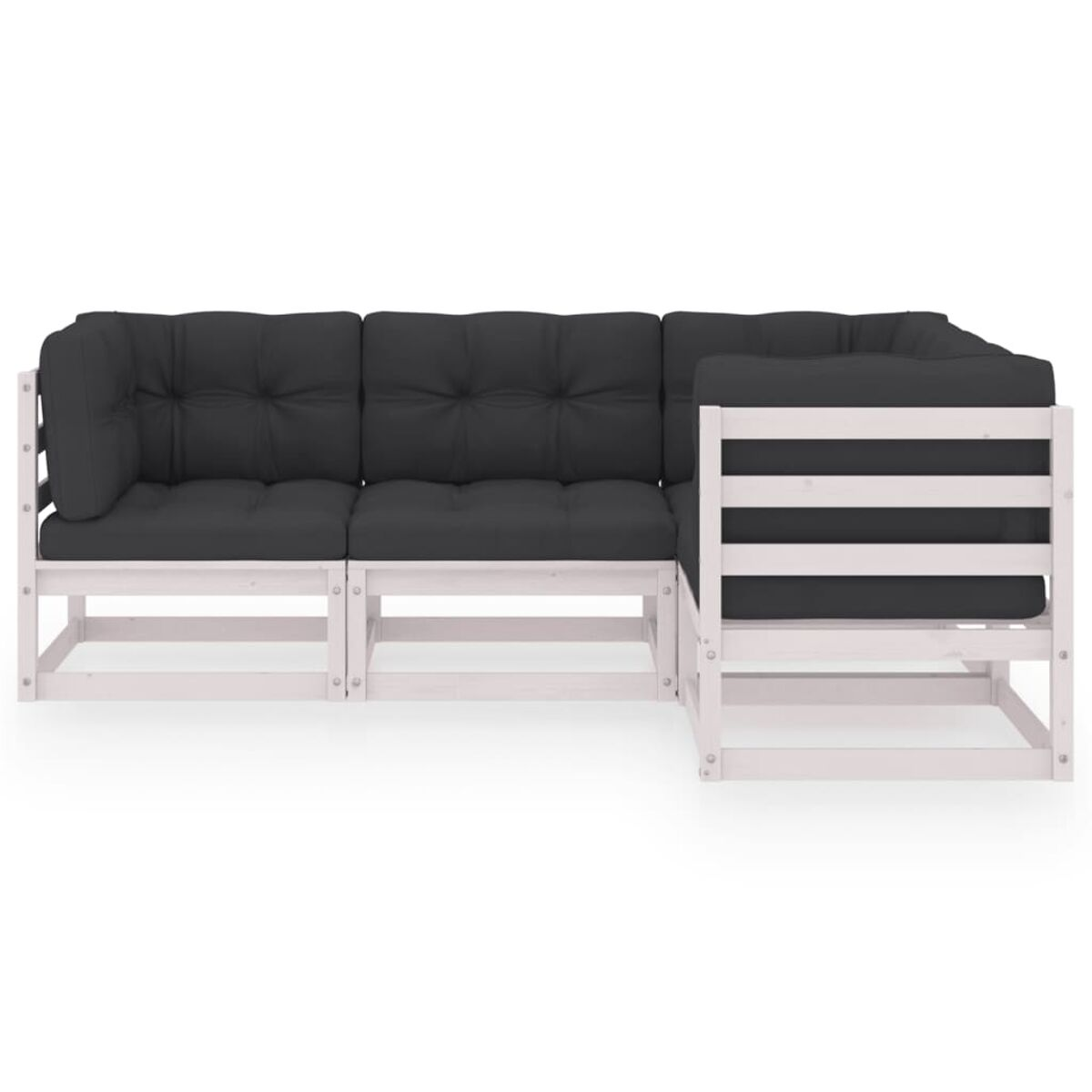 Weißer Holzrahmen, L-förmiges Sofa mit schwarzen Kissen. Auf weißem Hintergrund isoliert.