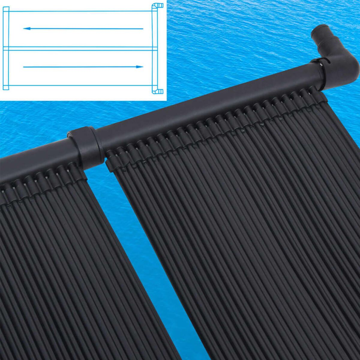 Nahaufnahme von schwarzen Solarheizungsröhren mit Schema des Wasserflusses. Blaues Wasser.