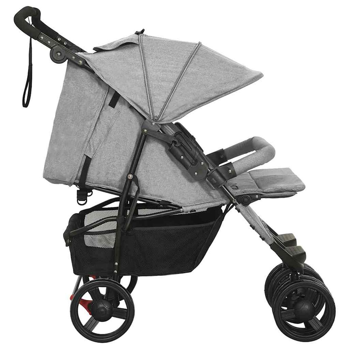 Grauer Kinderwagen mit Verdeck, Korb und schwarzen Rädern. Seitenansicht des Kinderwagens.